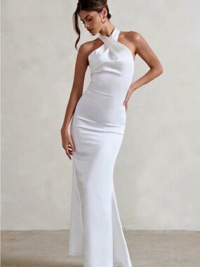 Club L London White Halter Satin Wedding Dress